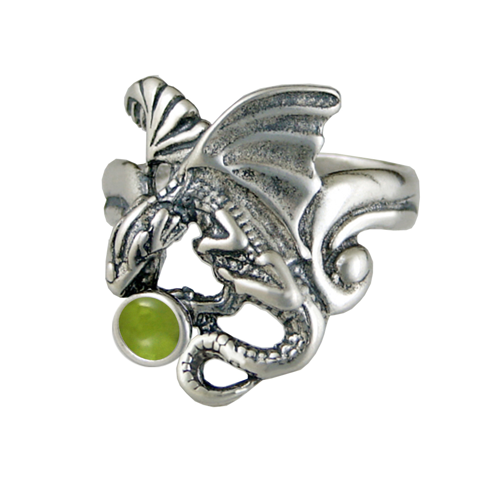 Sterling Silver Detailed Dragon Ring With Peridot Size 8